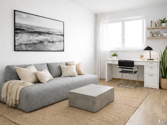 Helles, minimalist Wohn- und Arbeitszimmer