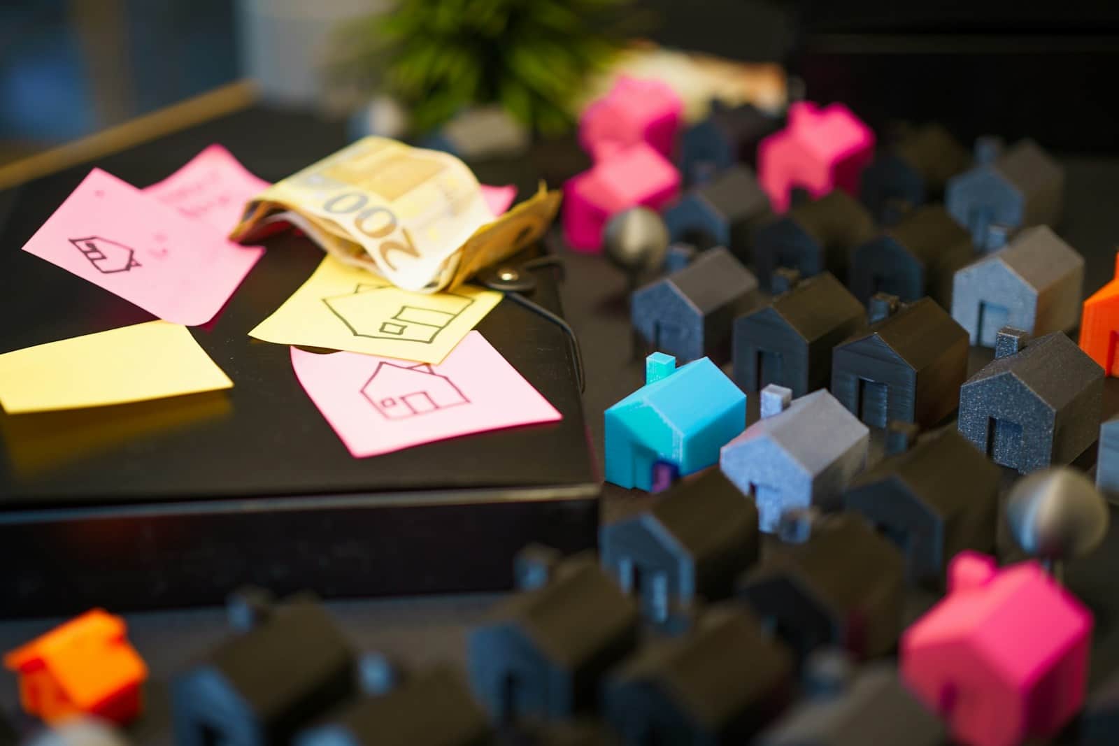 Bestellerprinzip Miniature houses with euro banknotes and sticky notes.
