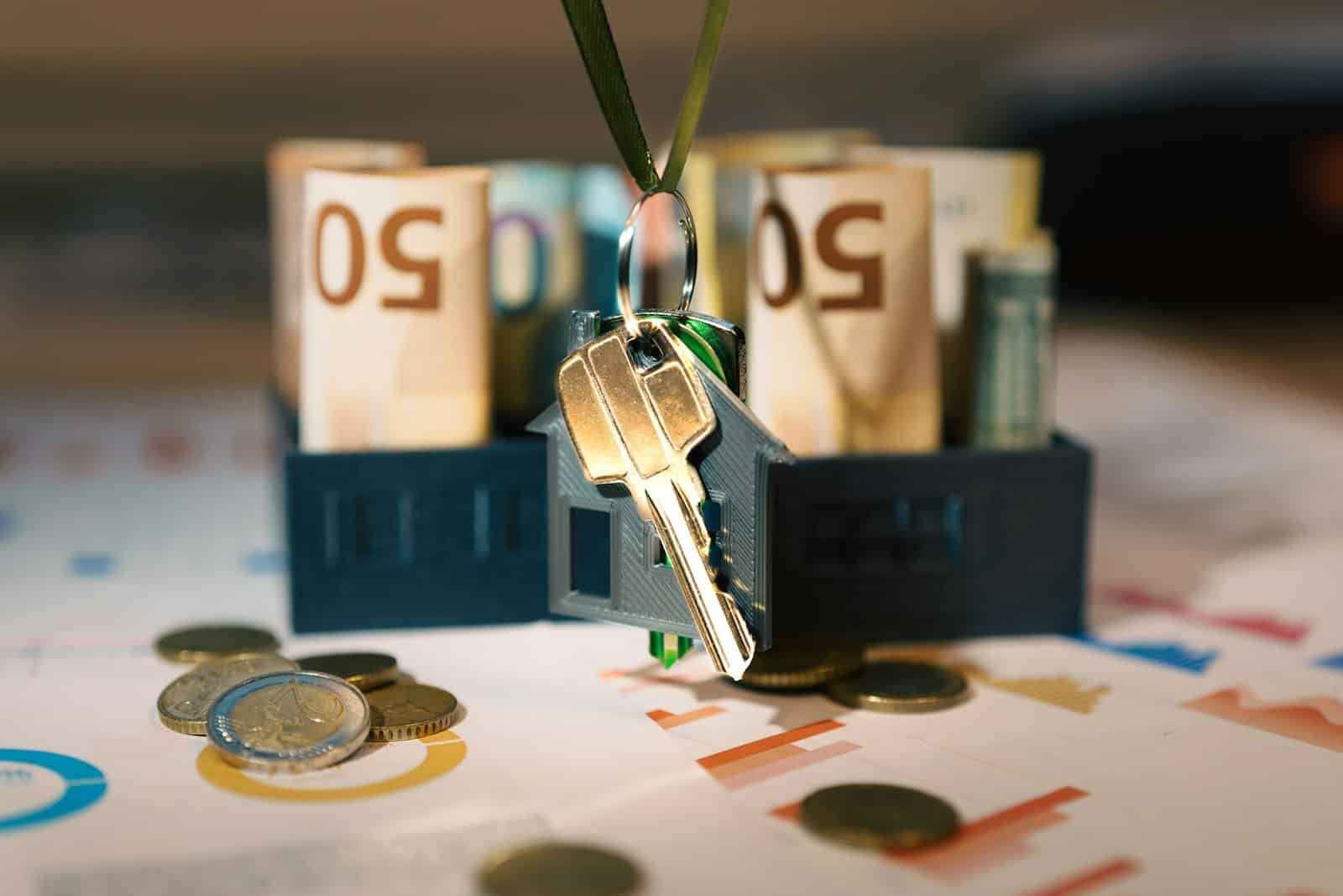 Mietkaution A house shaped keychain with a bunch of money in front of it