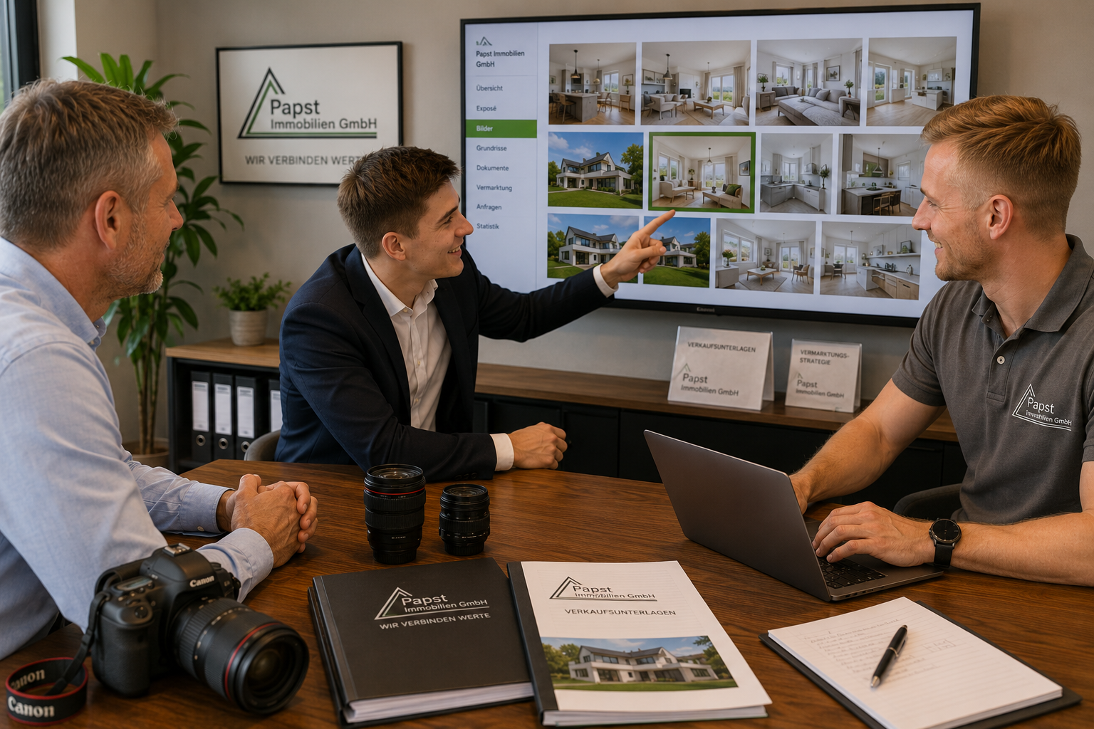 Gemeinsame Auswahl professioneller Immobilienfotos vor dem Verkaufsstart.
