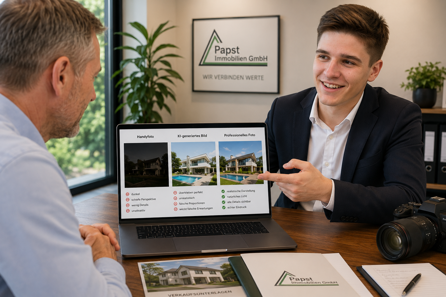 Vergleich zwischen Handyfoto, KI-generiertem Bild und professioneller Immobilienfotografie.