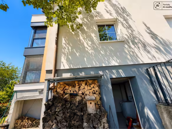 Ost-Ansicht Haus mit Holzlager
