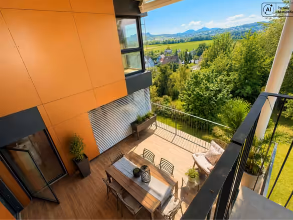 Blick von der oberen Terrasse auf die untere Terrasse