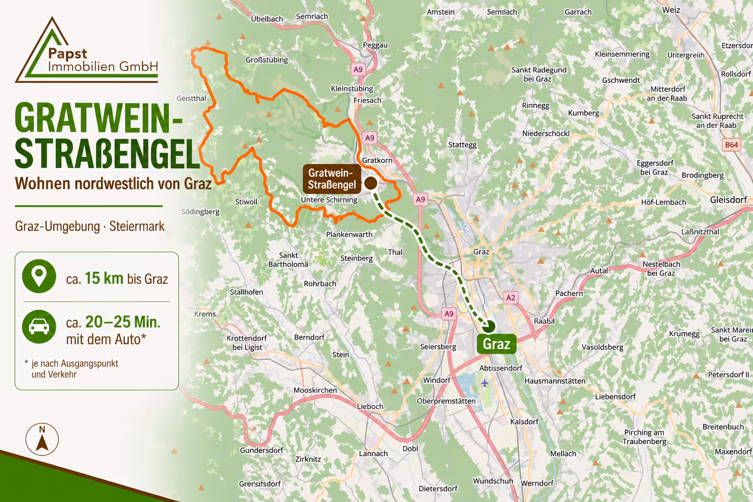 Standortkarte von Gratwein-Straßengel mit Bezug zur Stadt Graz