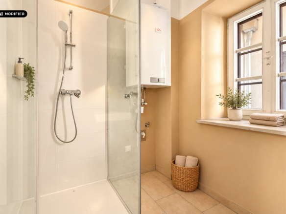 helles Badezimmer mit Dusche