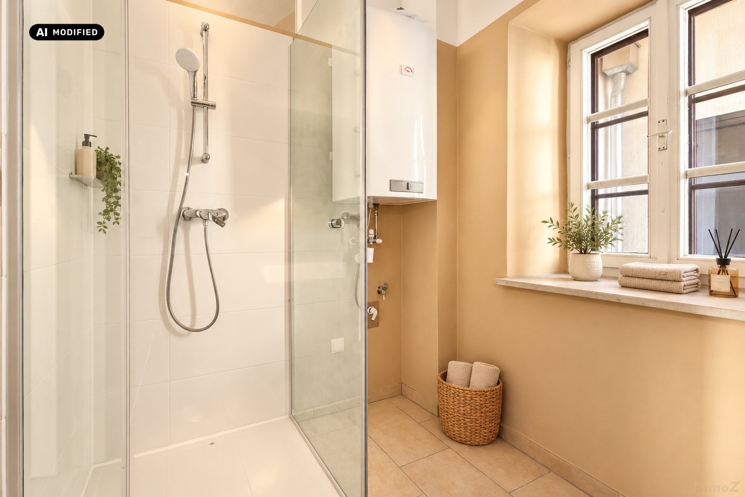 helles Badezimmer mit Dusche