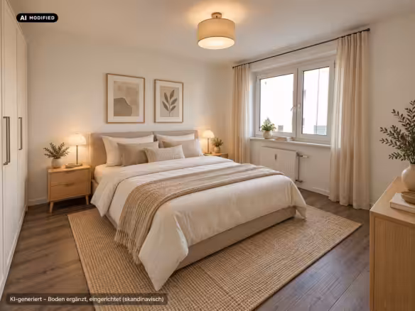 Helles skandinavisches Schlafzimmer mit Holzboden