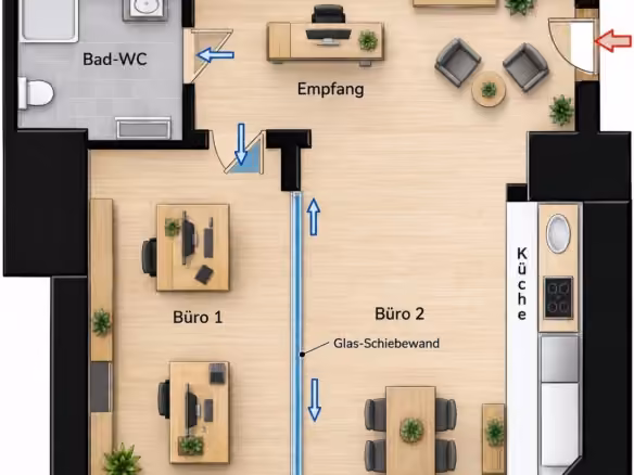 Bürogrundriss mit Glaswand